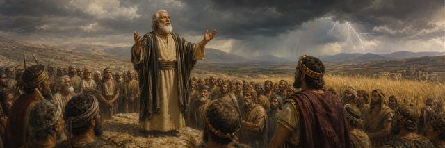 Samuel speaking before Israel and Saul as a thunderstorm crosses wheat fields